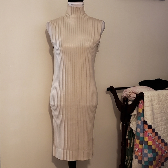 NEW 525 America Ribbed Bodycon Luxury Dress Tan Sweater Classic Turtleneck - Picture 5 of 9